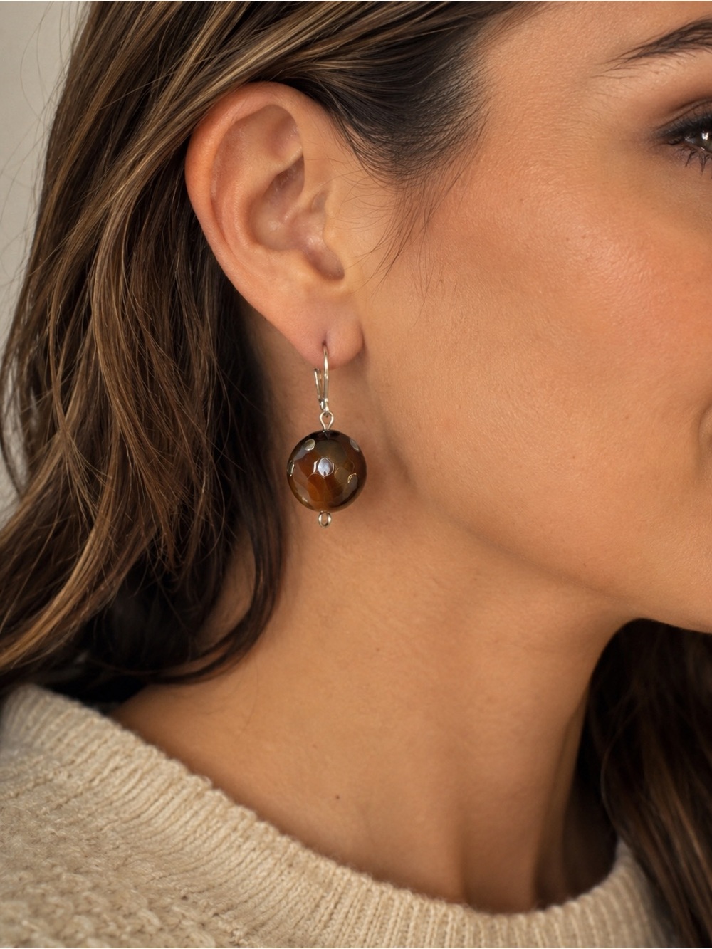 Brown Faceted Bead Drop Earrings